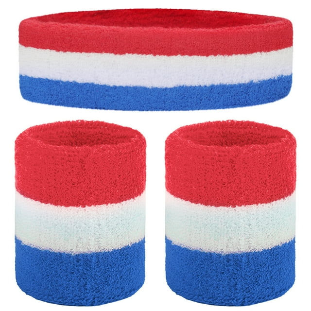 GOGO Sweatband Set Sports Athletic Exercise Headband Wristband Set Red/White/Blue
