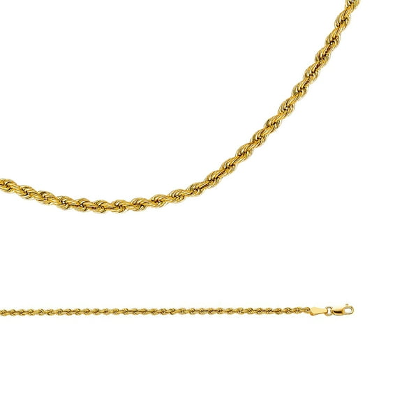 Rope Necklace Solid 14k Yellow Gold Chain Hollow Twisted Diamond Cut Polished Light, 2.5 mm - 16 inch