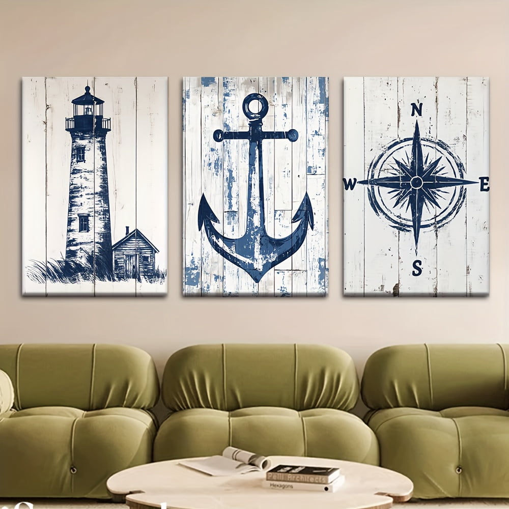 3pcs/Set, Canvas Painting--Unframed, Nautical Charts Lighthouse Anchor Compass, Posters And Prints, Living Room, Library, Office, Cafe, Bar, Abstract Art, Perfect Birthday, Holiday Gift,