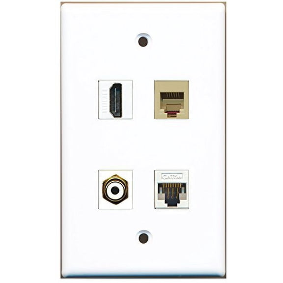 RiteAV - 1 Port HDMI 1 Port RCA White 1 Port Phone RJ11 RJ12 Beige 1 Port Cat5e Ethernet White Wall Plate