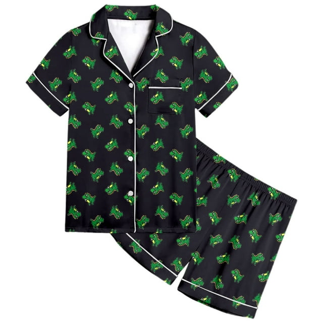 Pyjama en Satin pour Filles Imprimé Manches Courtes Chemise Boutonnée Ensemble Ensemble de Pyjama Mode pour Filles Pyjama pour Filles Garçons Mode Filles