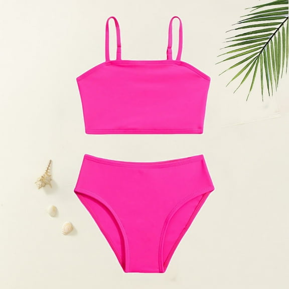 Kid Girls Swimsuits 2 Piece Cute Bikini Swimwear Solid Color Teen Bathing Suits 6-7 Years