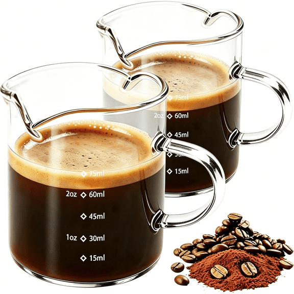 ACDANC Espresso Cups Set of 2,4 OZ Double Spouts Cups, Shot Glasses, Measuring Cup with Scale Milk Cup with Handle, Clear Glass, Espresso Accessories for Machine