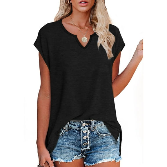 Tittly T Shirts for Women V Neck T Shirts for Women Women's Cap Sleeve Shirts Casual Summer V Neck Tunic Tops Loose T Shirts Side Slit S 3XL Tshirts Shirts Womens Tops Black L