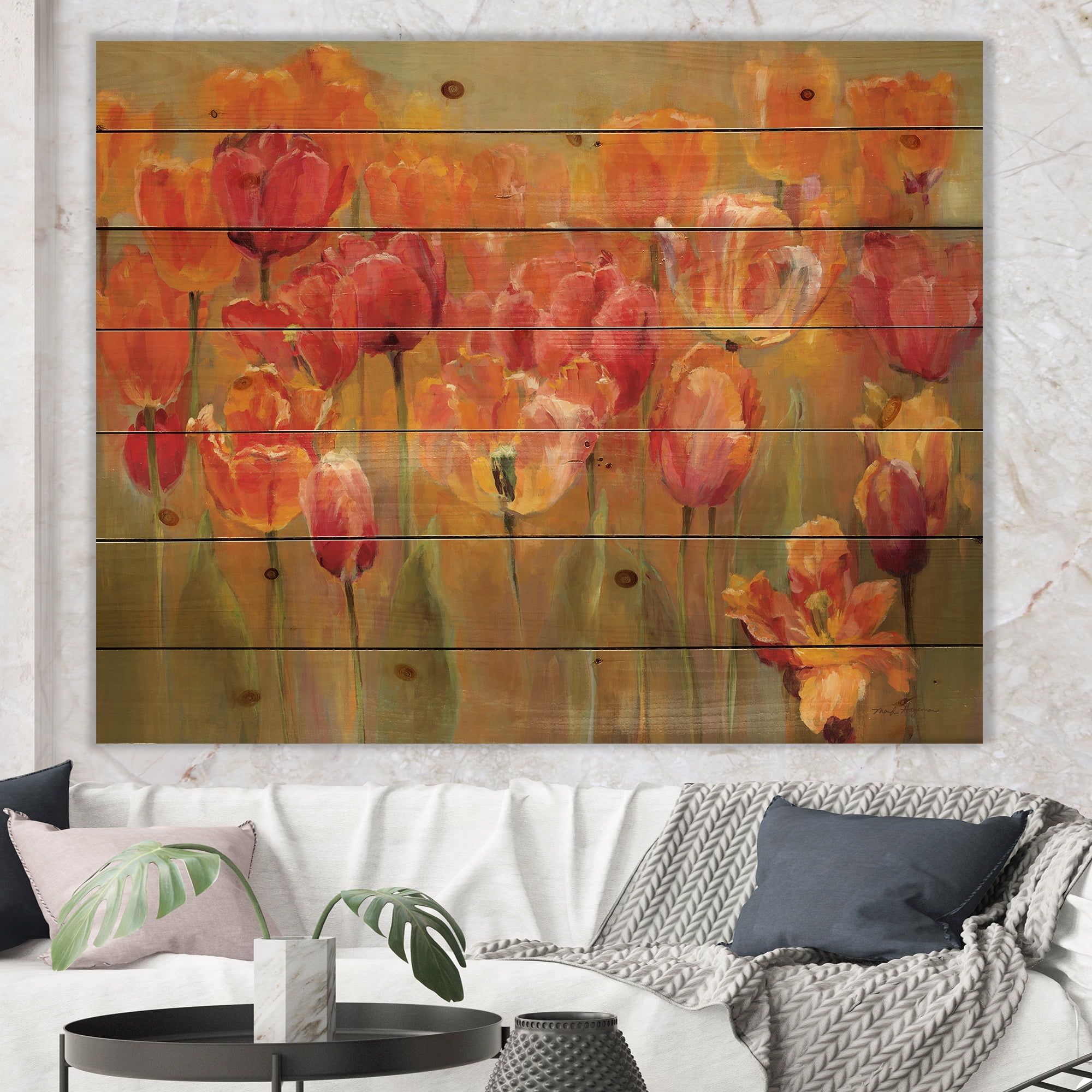 Designart 'Red Handpainted Tulips' Traditional Print on Natural Pine Wood