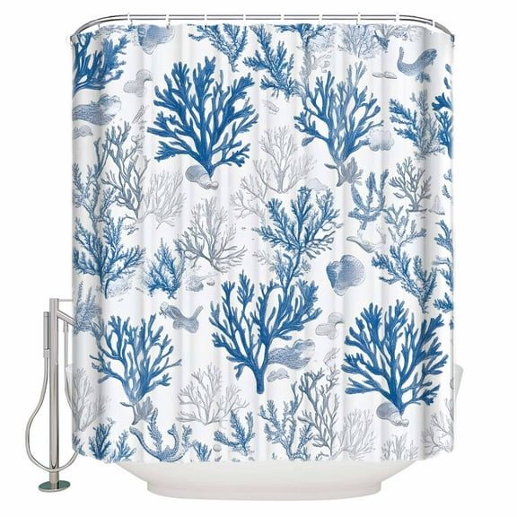 Extra Long Shower Curtain 72x84 Inch, Coastal Coral Shower Curtain Waterproof Bathroom Decor Blue Grey Ocean Marine Plant Summer Fish Fabric Bath Curtain Set Accessories with Hooks