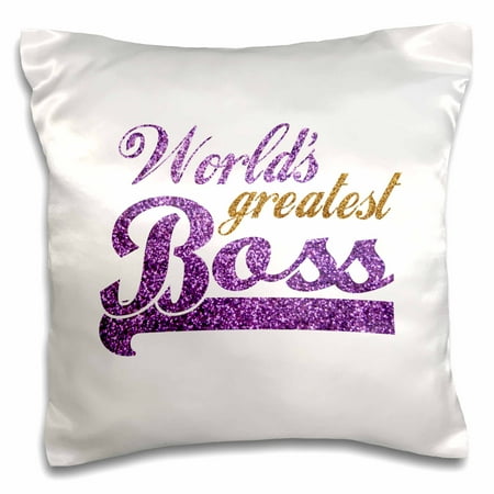 Faux Sparkles - 3dRose Worlds Greatest Boss - Best work boss ever - purple and gold text - faux sparkles matte glitter-look - Pillow Case, 16 by 16-inch