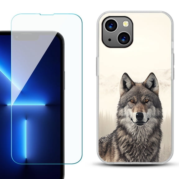 Slim-Fit TPU Phone Case for iPhone 14, with Tempered Glass Screen Protector, by OneToughShield ® - Wolf Snow