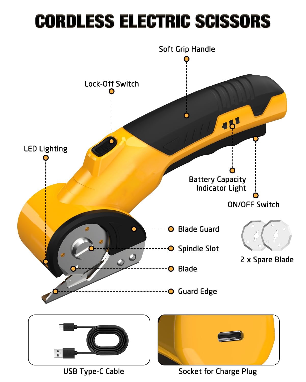 Cordless Electric Scissors, Lightweight, Rechargeable Rotary Cutter with Safety Lock, LED Light, Replacement Blade,Heavy Duty Scissor for Box Carpet Plastic Fabric(Yellow）