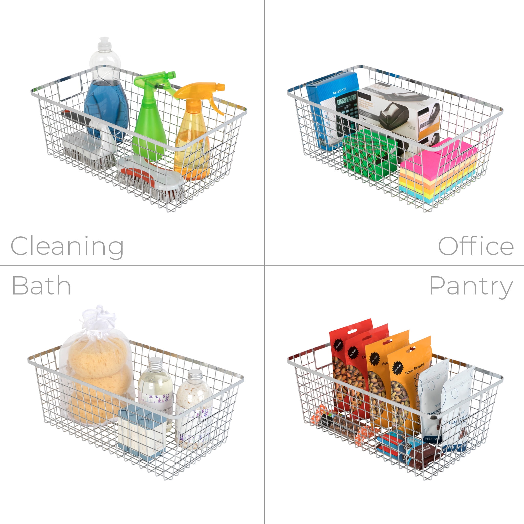 Smart Design Nestable Basket Organizer with Handles - 9 x 16 x 6 inches - Chrome - Set of 4