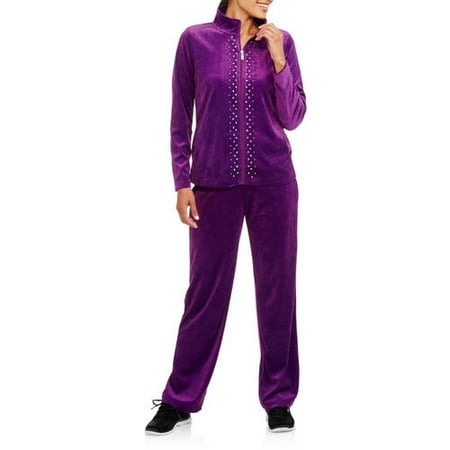 Women's Velour Full Zip Jacket and Pant Tracksuit with Embellishment