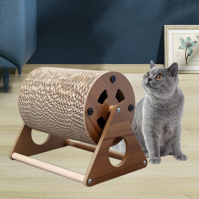 Rascador para Gatos de Cartón, Juguete Interactivo para Mascotas, Gatitos, Rueda Giratoria, Ejercicio con Soporte de Madera Maciza, Garra Gi