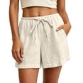 thumbnail image 3 of Tqcoqu Cotton Linen Shorts for Women Elastic Waist Drawstring Summer Beach Shorts with Pockets,Beige Women's S-XXXL, 3 of 9