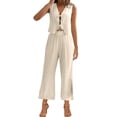 thumbnail image 2 of Cinvoph Women's Summer Two-piece Set Outfit Drawstring Lace V Neck Sleeveless Set Wide Leg Pants Set Loose Casual Lounge Set, 2 of 8