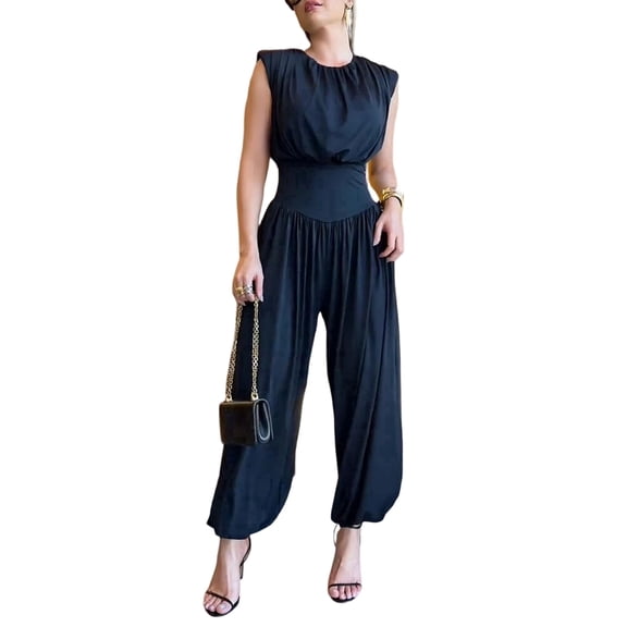 CHICME Womens Summer One Piece Jumpsuit Sleeveless Dressy Jumpsuits High Slit Casual Overalls for Vacation Evening Wear Black-L