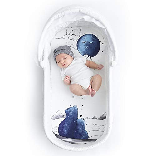 JumpOff Jo - Bassinet Sheet - 16 x 32' - Oval, Rectangle Standard Sized Mattresses - To The Moon Series: Mama Bear Blue