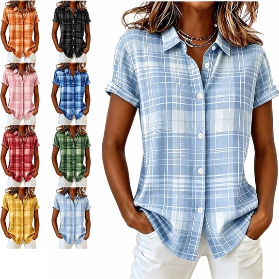MLCDZ Plaid Shirts for Women Short Sleeve Button Down Collared Casual Loose Fit Summer Lightweight Breathable Beach Vacation Blouses