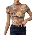 thumbnail image 3 of Women'S Print Mesh Short Sleeve Crop Top Mock Neck Slim T-Shirt Lettuce Trim Sheer Going Out Tops Amber XL, 3 of 9