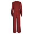 thumbnail image 4 of HBFAGFB Long Sleeve Jumpsuit for Women Trendy V Neck Mesh Patchwork Straight Leg Rompers Red Size L, 4 of 4