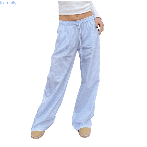 Kureaily Striped Pants For Women Elastic Drawstring High Waist Wide Leg Pants Vintage Streetwear Trousers Women Lightweight Pants