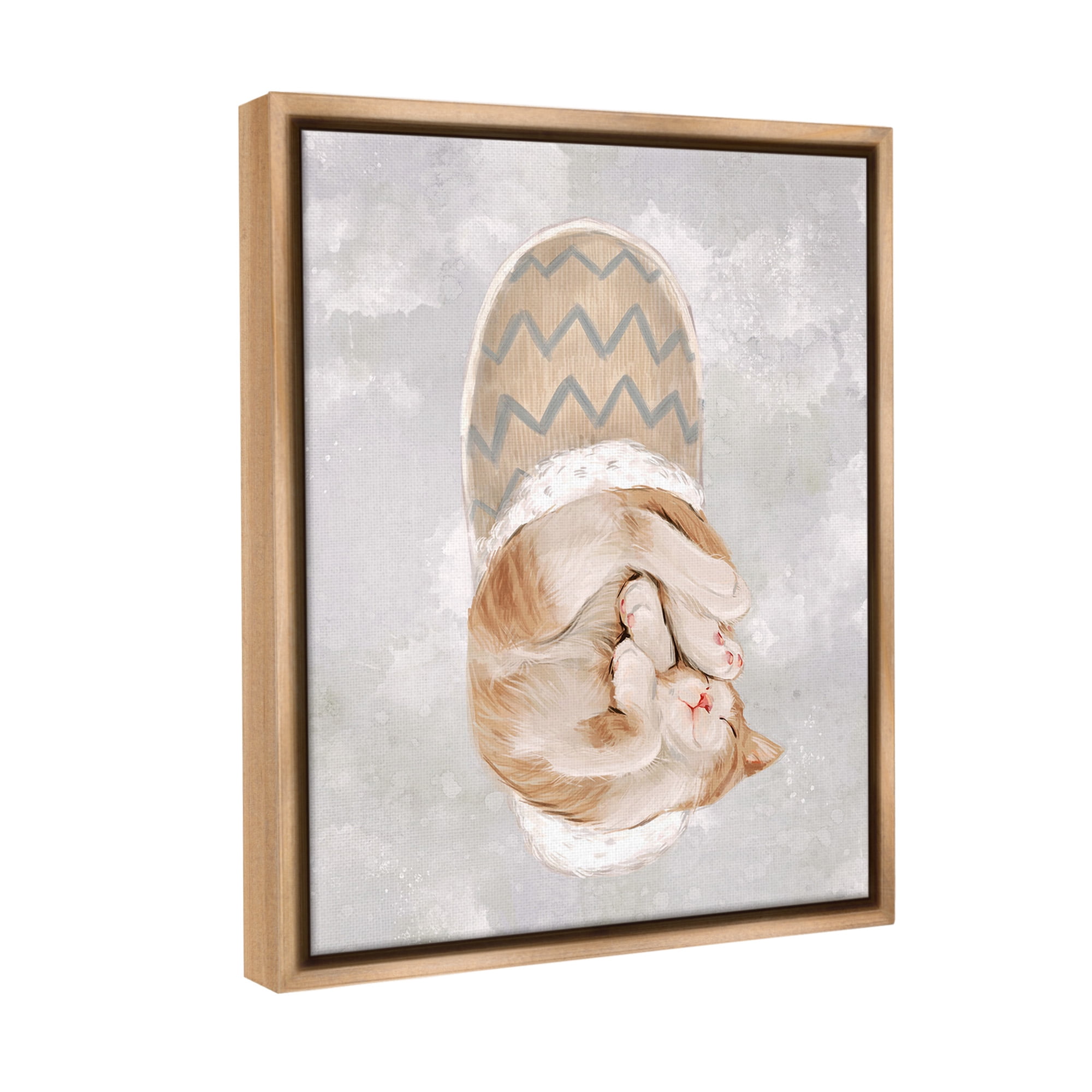 Stupell Industries Kitten Sleeping in Slipper Animals & Insects Painting Brown Floater Framed Canvas Art Print Wall Art, 17 x 21