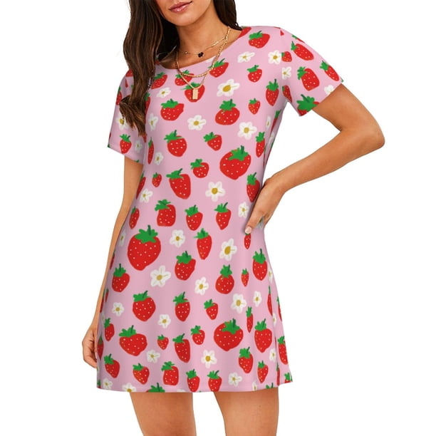 Fotbe Hand Drawn Strawberry Bata de Dormir para Mujer con Estampado, Camisón de Algodón de Manga Corta, Ropa de Dormir Casual