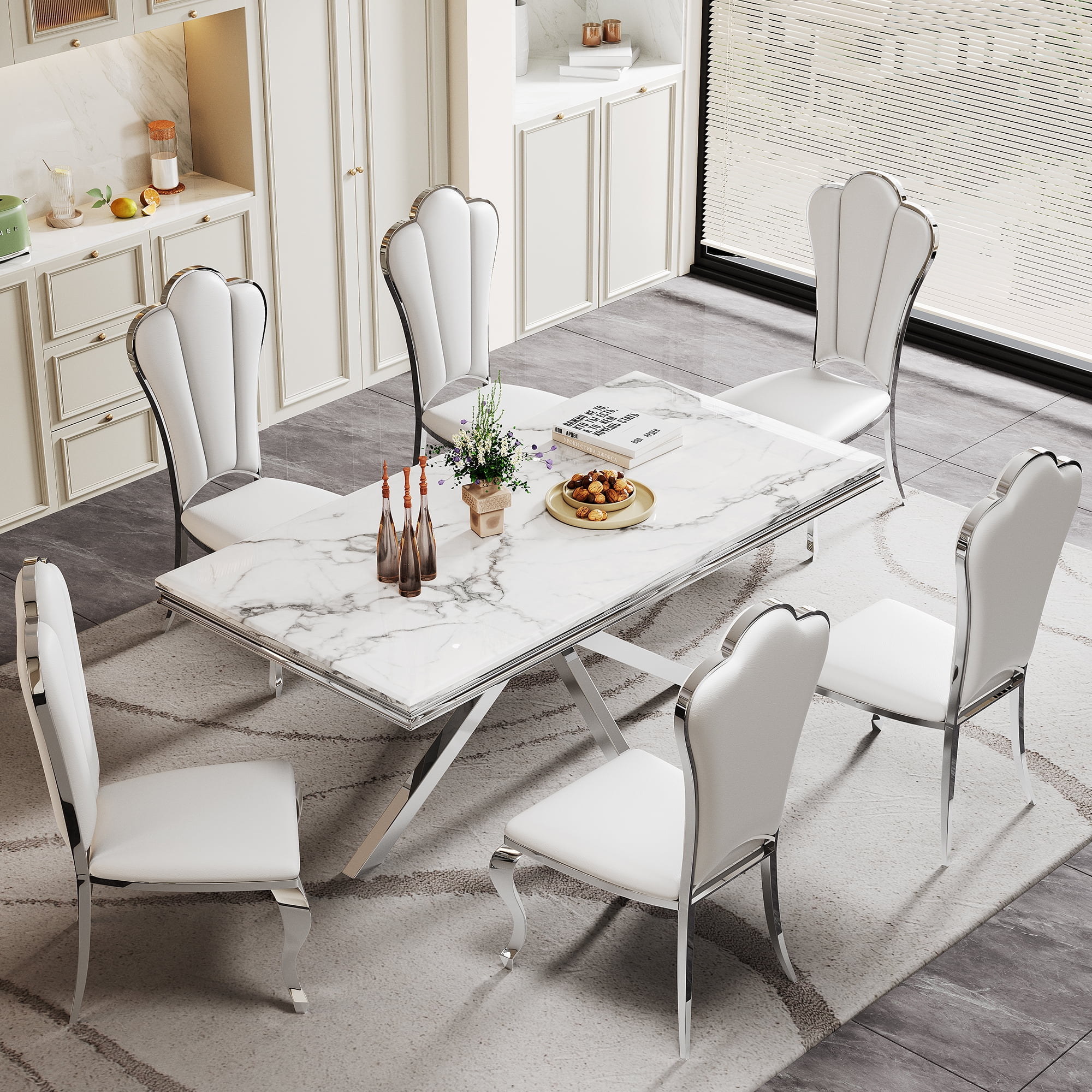 70" Rectangular Dining Table for 6 People, Modern Faux Marble Kitchen Table with Stainless Steel Legs, Dining Table for Dining Room, Living Room