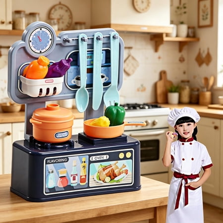 Portable Mini Kids Pretend Play Kitchen Stove Set Blue Simulation Cooking Playset with Clock Design Chef Role Play Toy Kit Educational Birthday Holiday Gift for Toddler Boys Girls Ages 3-8