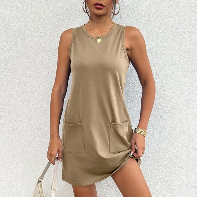 Robes d'Été pour Femmes 2025 Mini Débardeur Sans Manches Sport Tennis avec 2 Poches Robe d'Été Kaki TG
