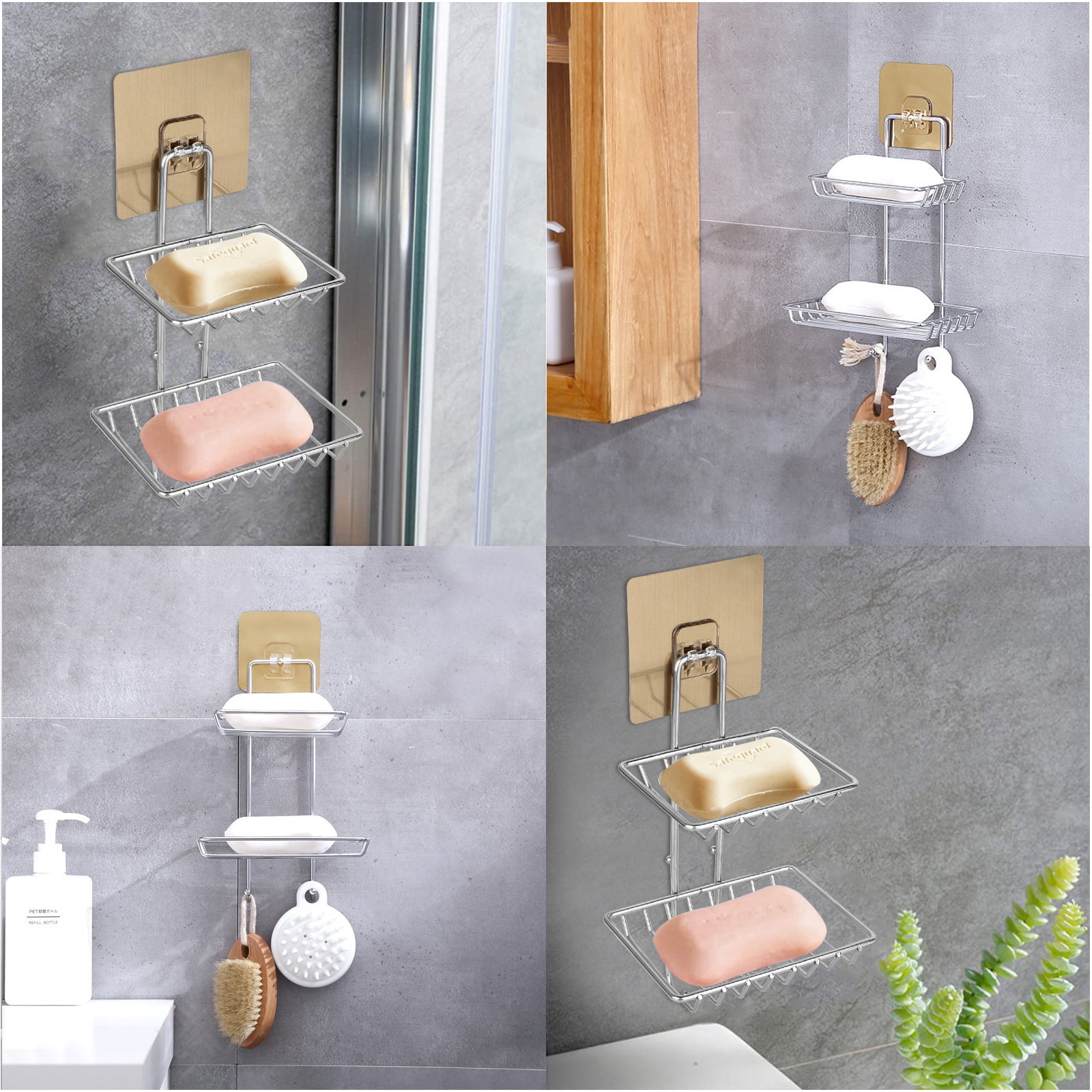 Moforoco Double Soap Bar Holder for Shower, No Drilling, 304 Rustproof  Stainless Steel, Wall Mounted Soap Holder with 4 Hooks and Razor Holder,  Shower