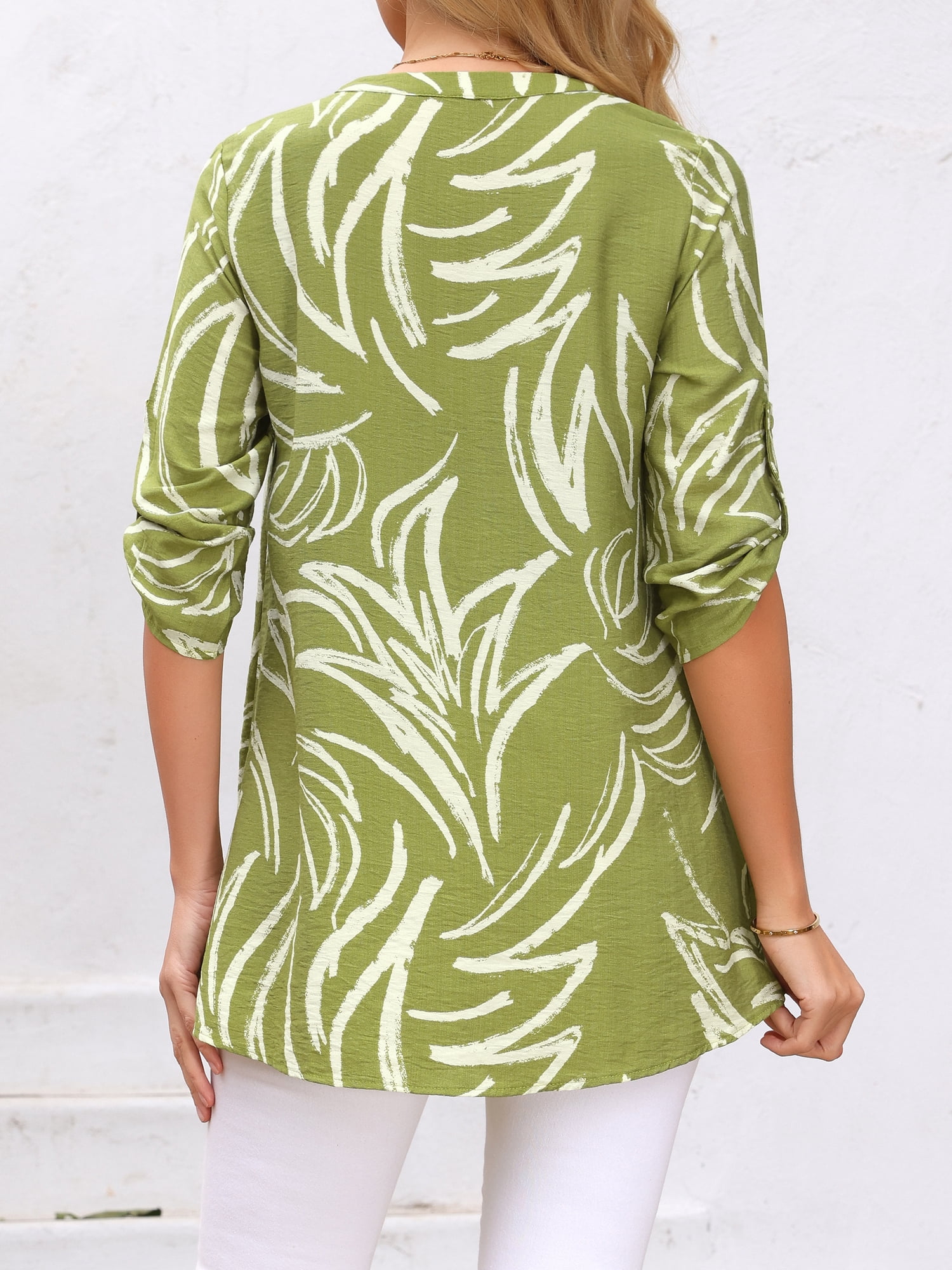 DARING DIVA Women's High Low Floral Print V Neck Roll Up 3/4 Sleeve Tunic Blouse S Green