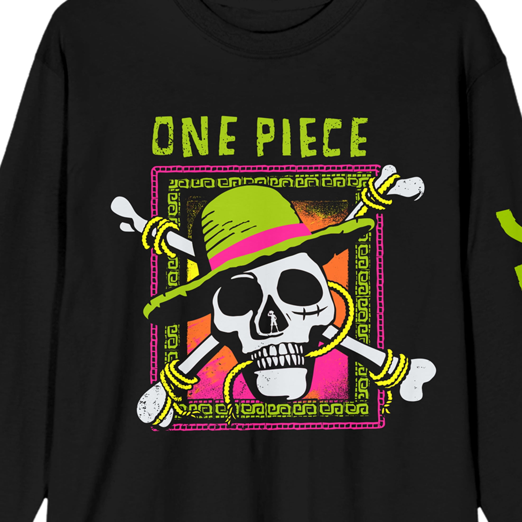 One Piece Neon Skull Adult Black Long Sleeve Tee-Large