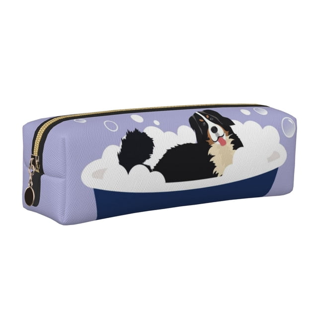 Disketp Bernese Mountain Dog Sitting Bath Tub Estuche de Lápices de Cuero con Cierre, Estuche Compacto para Papelería, Bolígrafos y Accesorios Pequeños