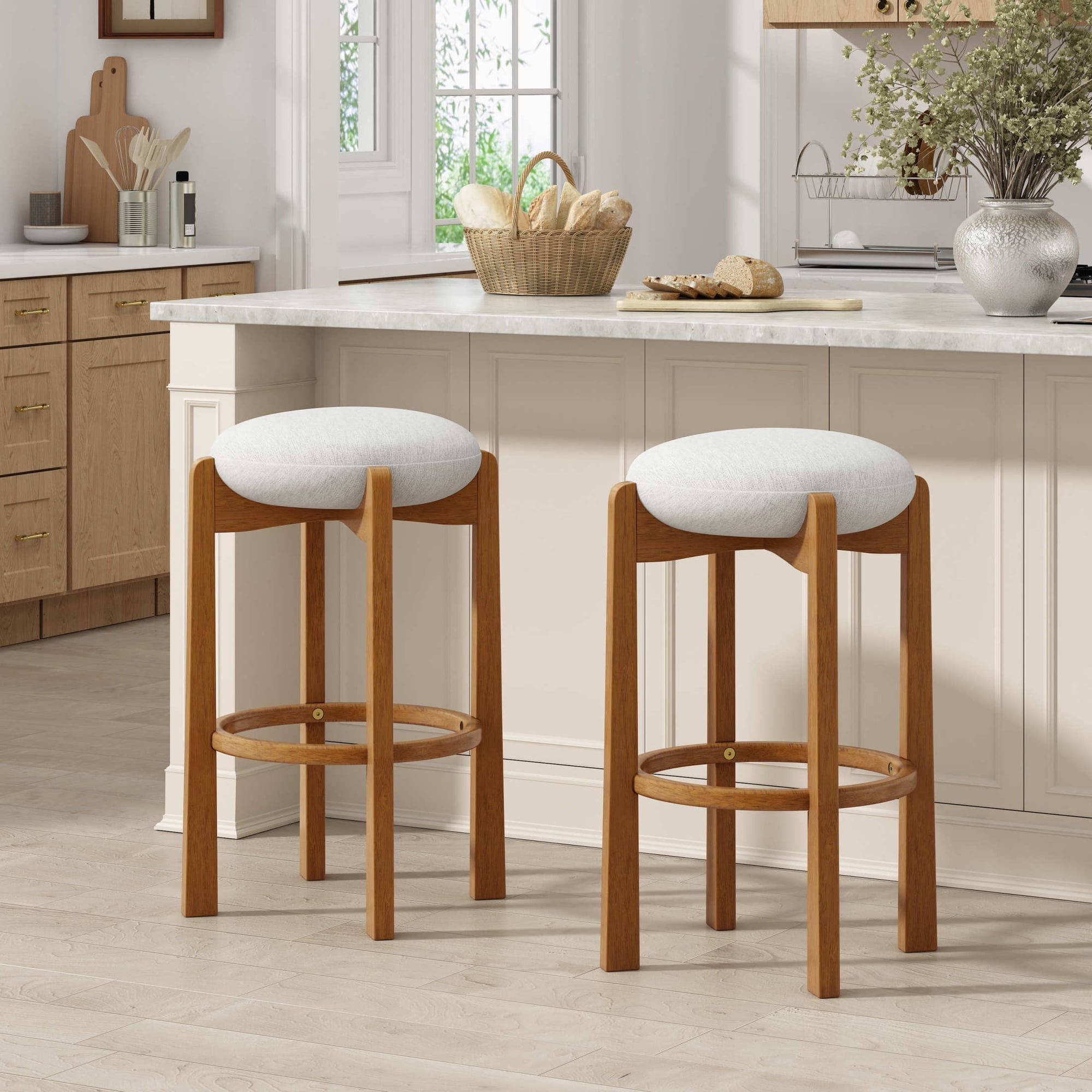 Christopher Knight Home 30" Round Upholstered Bar Stools, Wooden Frame, Walnut + Ivory, Set of 2