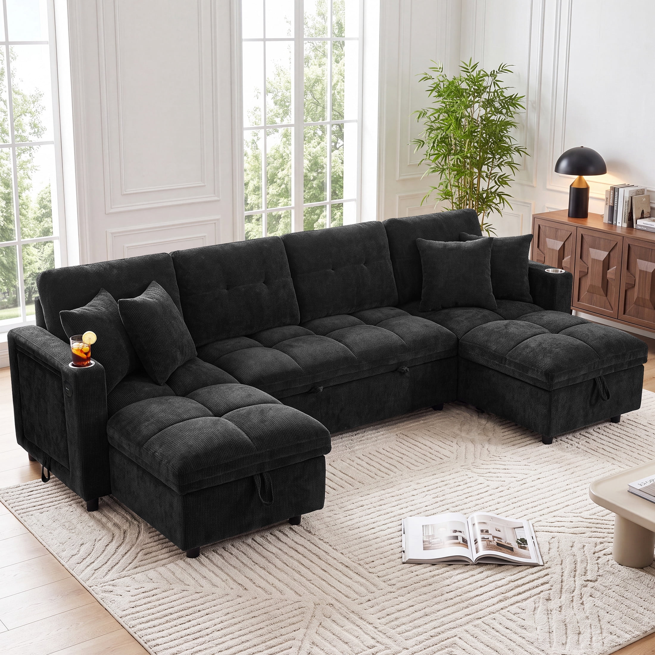 Aenkyo 108" Chenille U-Shaped Sectional Pull Out Sofa Bed with Dual Storage Chaises, Black