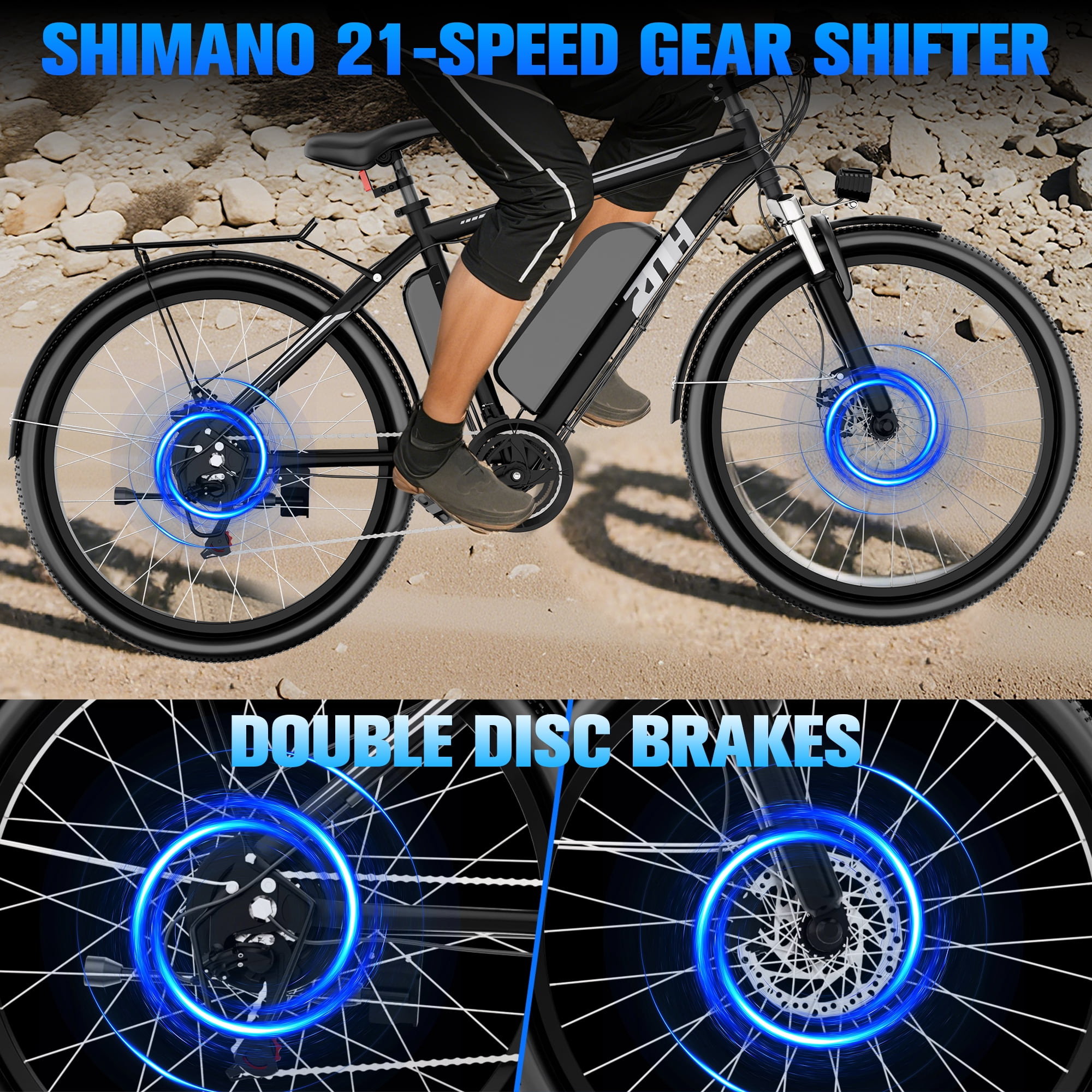 ZNH 1000w Peak Electric Bike for Adults – Electric Mountain Bike w 52V 13Ah Removable Battery ,26" off-road Ebike, Shimano 21-Speed, UL 2849，Black