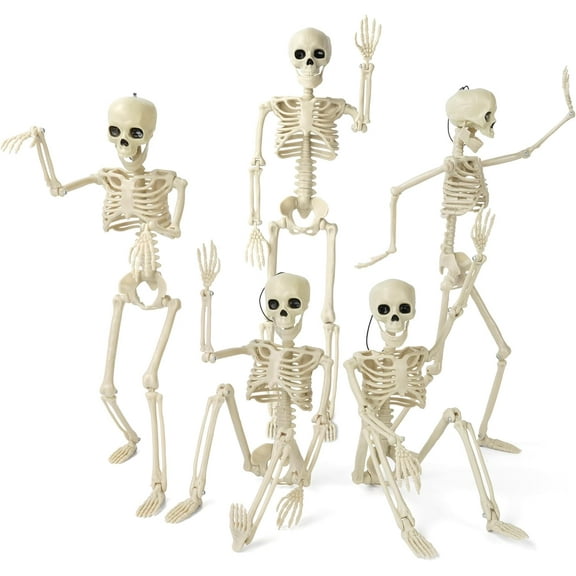 XZKING 5 Pack Halloween Skeleton Decorations, 16" Full Body Plastic Mini Little Skeleton Posable Joints Poseable Skeleton for Skeleton Halloween Party Hanging Decoration