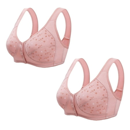 2PC Women Wireless Bras Comfort Back Support Floral Lace Bra Adjustable Wider Straps Full Coverage Lift Up Minimizer Bras Pink 4 38C