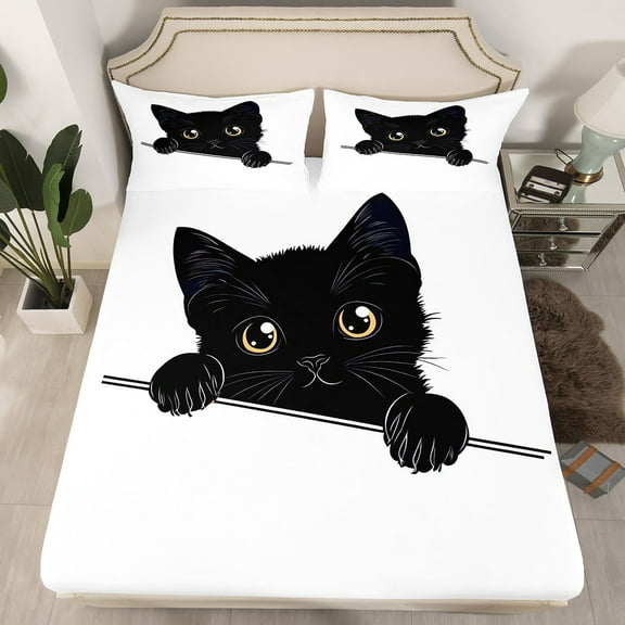 Erosebridal Kawaii Cat Bedding Set Cute Pet Cat Bed Sheets Lovely Cartoon Kitten Fitted Sheet Black Cat Sheets Set Room 2Pcs Twin Size(No Top Sheet)