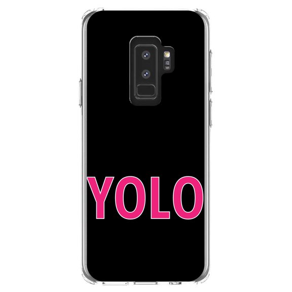 DistinctInk Clear Shockproof Hybrid Case for Samsung Galaxy S9  PLUS (6.2" Screen) - TPU Bumper, Acrylic Back, Tempered Glass Screen Protector - Black Pink YOLO
