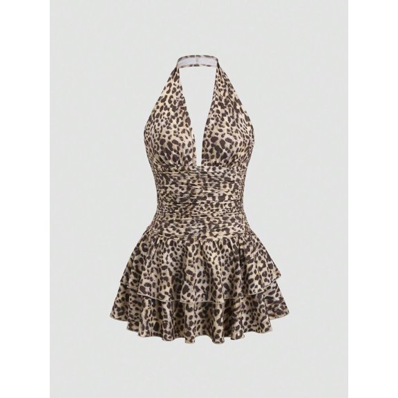 Multicolor Leopard Print Halter Deep V Neck Ruched Peplum Mini Dress For Women