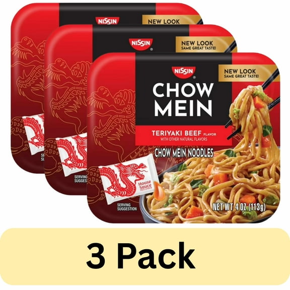 (3 Pack) Nissin Foods Chow Mein Instant Noodles, Teriyaki Beef Flavor, 4.0 oz Tray, Shelf-Stable