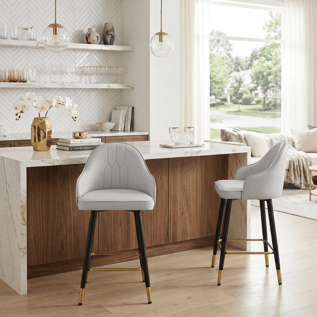 StnTalk Bar Stools Set of 2, Counter Height Barstools with Backs, Light Gray PU Leather Kitchen Stools with Gold Footrest & Stable Metal Legs, Modern Upholstered Chairs for Kitchen Island