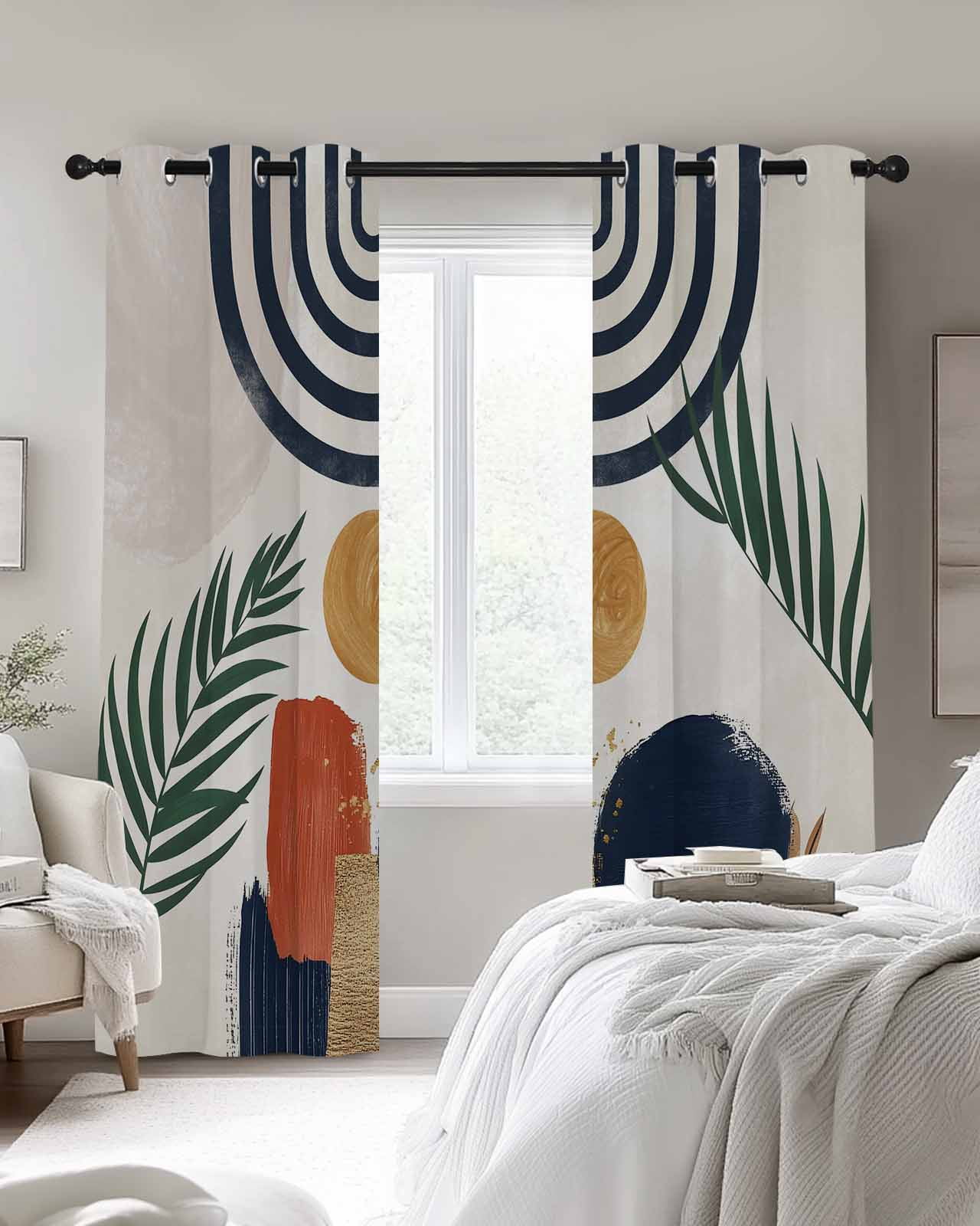 Boho Blackout Curtains, Light Blocking Print Window Curtains, Middle Century Leaves Bohemia Minimalist Abstract Art Beige Thermal Insulated Window Drapes for Living Room 2 Panels, 84"W x 84"L