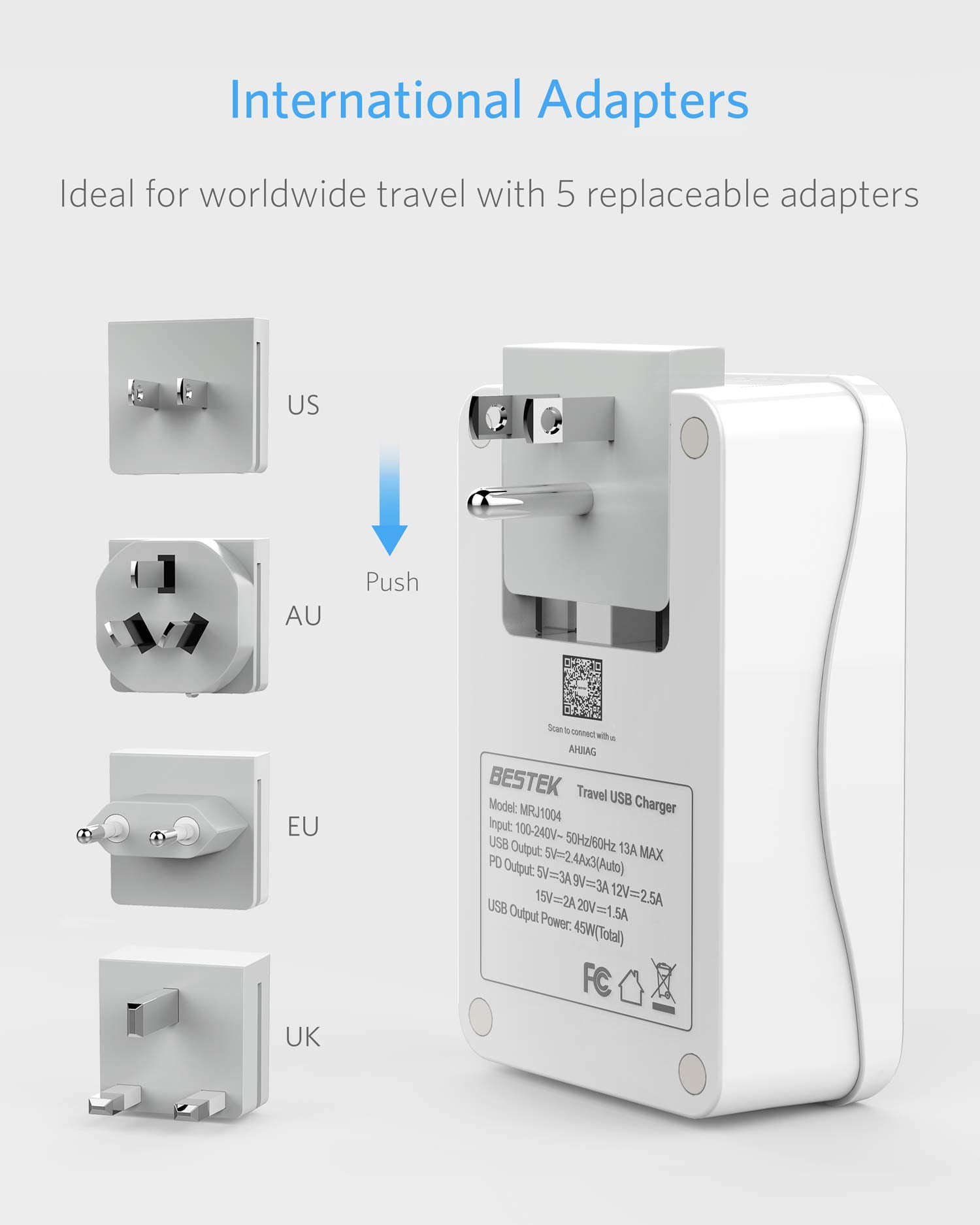 BESTEK International Travel Adapter, 3000W Travel Wall Charger with 4 Usb Ports (1 PD 35W) and 5 Worldwide Wall Plugs for Hair Dryer, Curling Iron (US, UK, AU, EU and Asia)