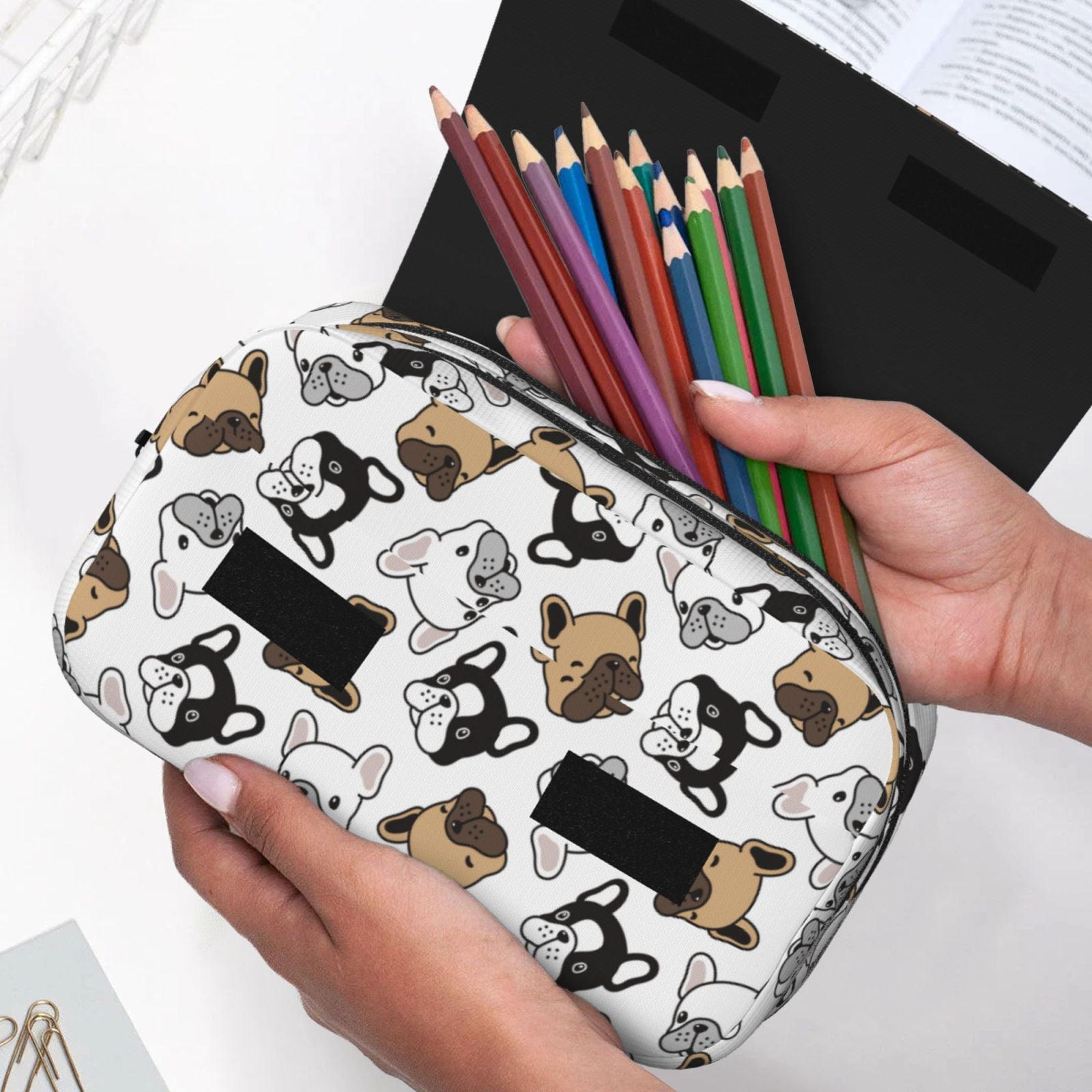 Rateoe French Bulldog3 Pattern Double Clamshell Pen Case, Storage Organizer with Two Zipper Compartments– Holds Up to 50 Pencils & Pens