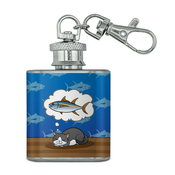 Cat Dreaming of Fish Stainless Steel 1oz Mini Flask Key Chain