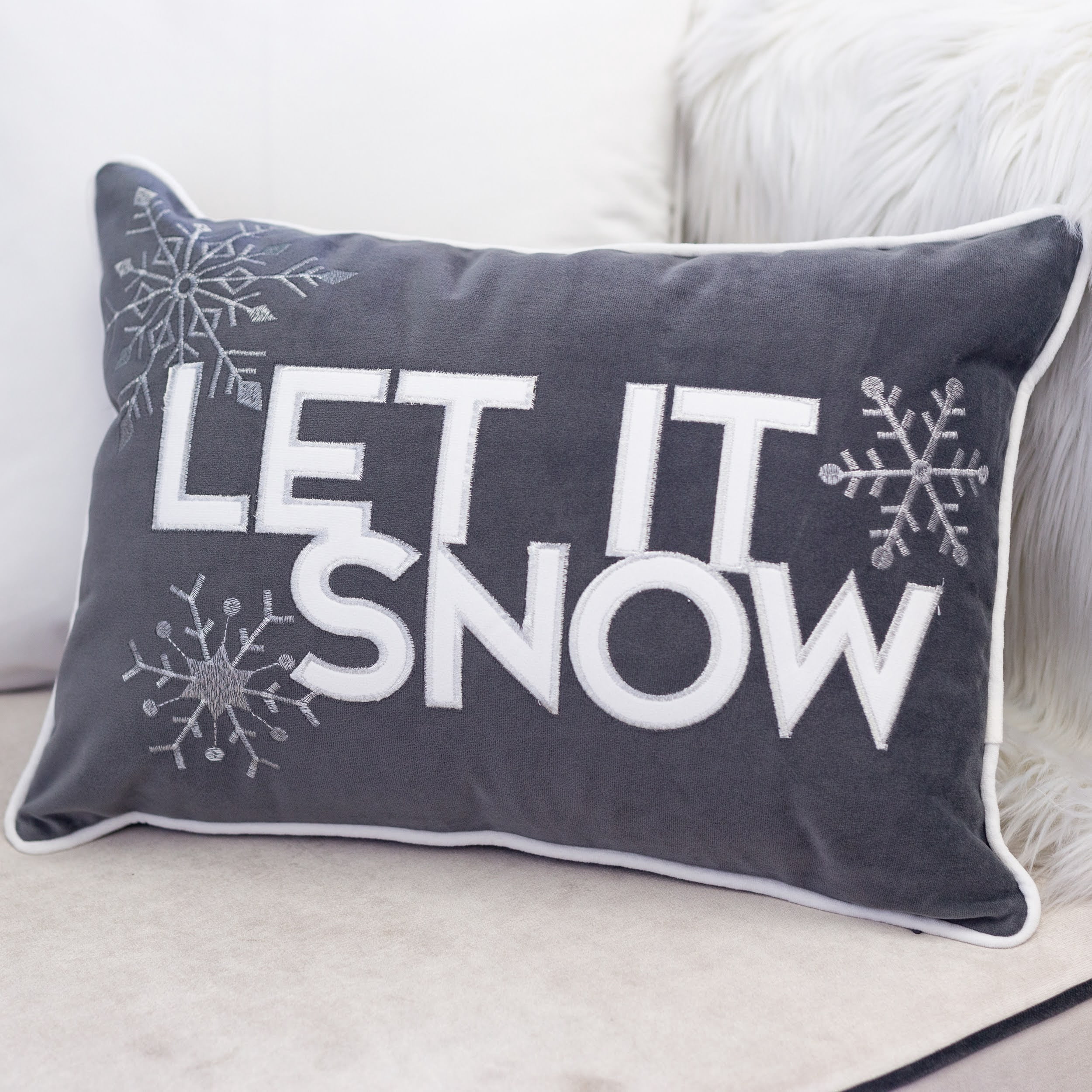 Let-It-Snow Gray and White Embroidered Snowflake Graphic Polyester 14 in. x 20 in. Decorative Throw Pillow