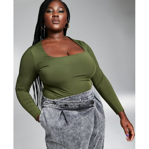 Googoo Atkins Trendy Plus Size Square Neckline Long Sleeve Bodysuit Fresh Pine 0X