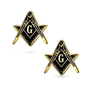 Bling Jewelry Mens Freemasons Compass Masonic Cufflinks for Men Black Enamel 2 Tone Silver Stainless Steel Executive Gift